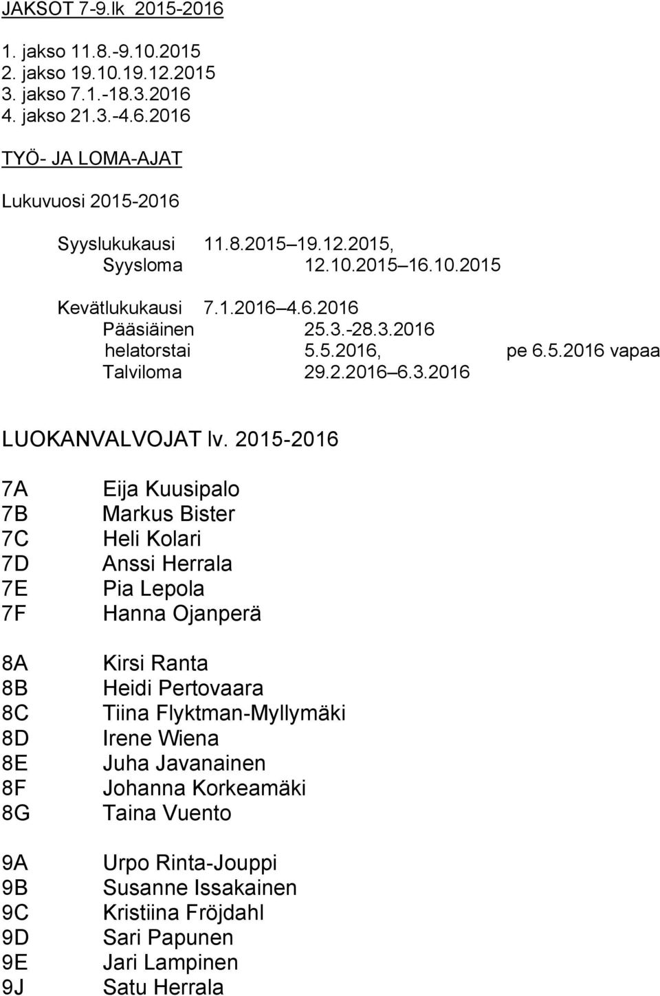 2015-2016 7A 7B 7C 7D 7E 7F 8A 8B 8C 8D 8E 8F 8G 9A 9B 9C 9D 9E 9J Eija Kuusipalo Markus Bister Heli Kolari Anssi Herrala Pia Lepola Hanna Ojanperä Kirsi Ranta Heidi Pertovaara Tiina