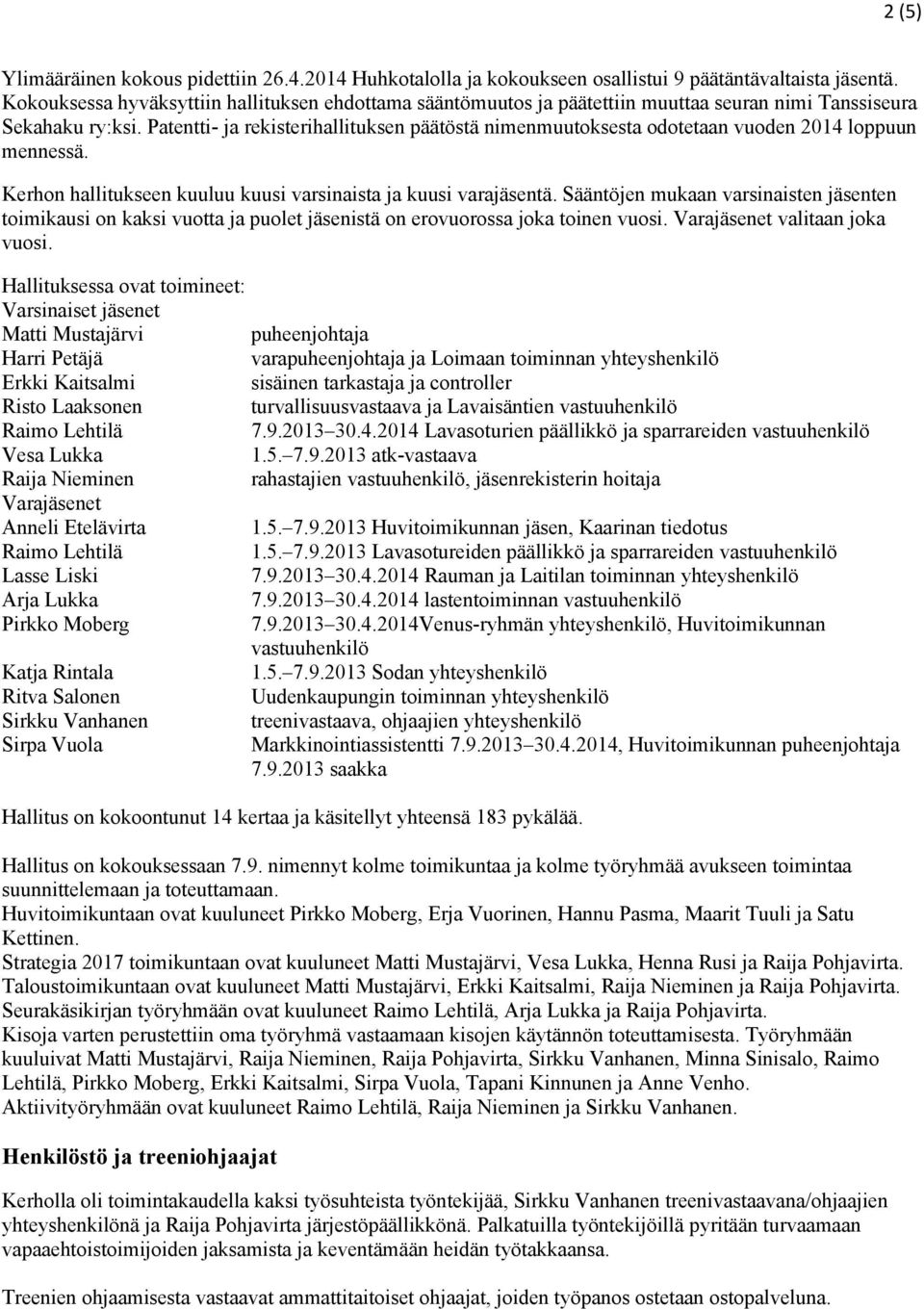 Patentti- ja rekisterihallituksen päätöstä nimenmuutoksesta odotetaan vuoden 2014 loppuun mennessä. Kerhon hallitukseen kuuluu kuusi varsinaista ja kuusi varajäsentä.