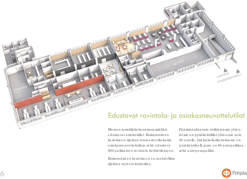 Ensimmäiseen kerrokseen sijoittuu runsaasti erikokoisia asiakasneuvottelutiloja sekä edustava 200-paikkainen ravintola