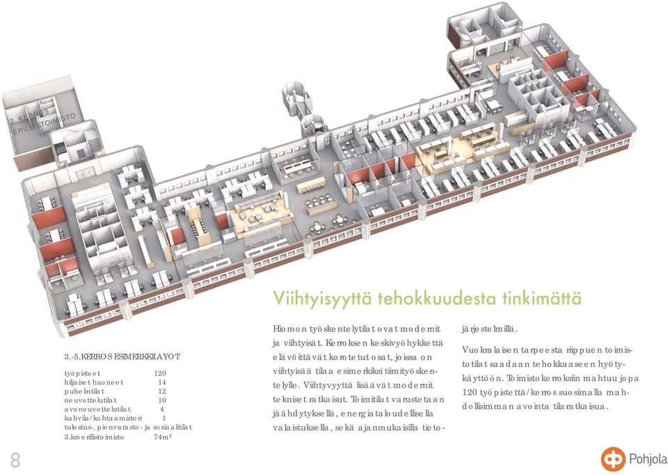 krs erillistoimisto 74m² Hiomon työskentelytilat ovat modernit ja viihtyisät. Kerroksen keskivyöhykkettä elävöittävät korotetut osat, joissa on viihtyisää tilaa esimerkiksi tiimityöskentelylle.