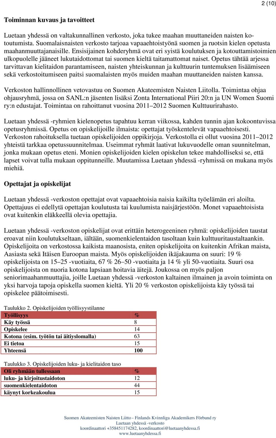 Ensisijainen kohderyhmä ovat eri syistä koulutuksen ja kotouttamistoimien ulkopuolelle jääneet lukutaidottomat tai suomen kieltä taitamattomat naiset.