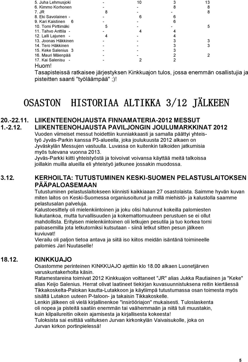Tasapisteissä ratkaisee järjestyksen Kinkkuajon tulos, jossa enemmän osallistujia ja pisteitten saanti "työläämpää" ;)! OSASTON HISTORIAA ALTIKKA 3/12 JÄLKEEN 20.-22.11.