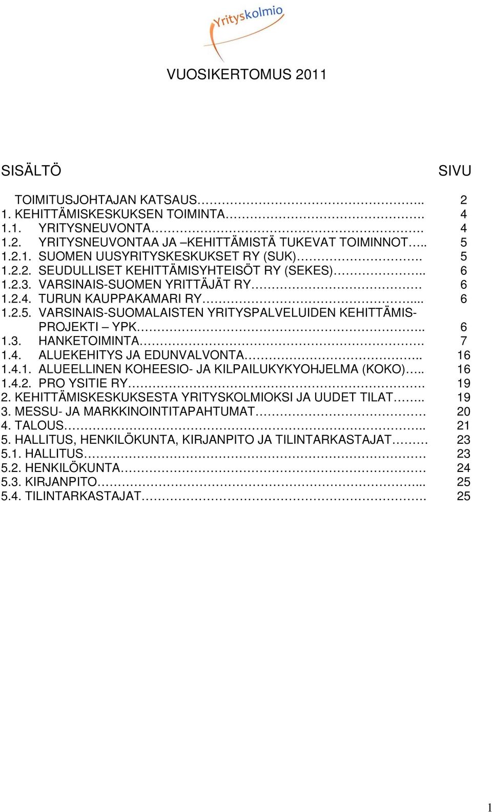 . 1.4.1. ALUEELLINEN KOHEESIO- JA KILPAILUKYKYOHJELMA (KOKO).. 1.4.2. PRO YSITIE RY. 2. KEHITTÄMISKESKUKSESTA YRITYSKOLMIOKSI JA UUDET TILAT.. 3. MESSU- JA MARKKINOINTITAPAHTUMAT 4. TALOUS.. 5.