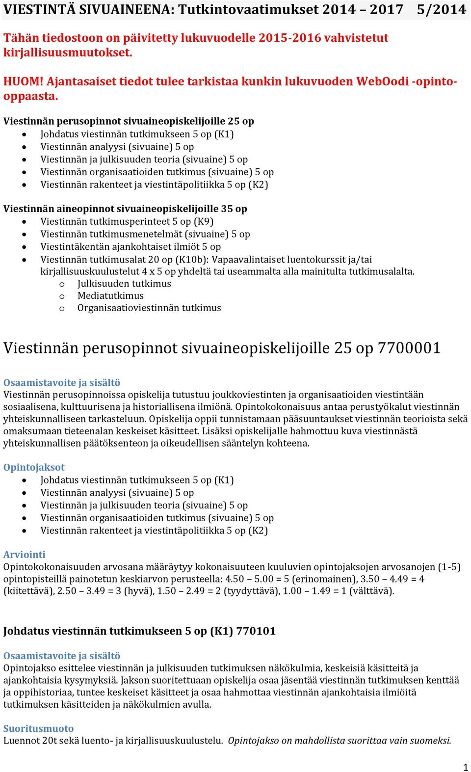 Viestinnän perusopinnot sivuaineopiskelijoille 25 op Johdatus viestinnän tutkimukseen 5 op (K1) Viestinnän analyysi (sivuaine) 5 op Viestinnän ja julkisuuden teoria (sivuaine) 5 op Viestinnän