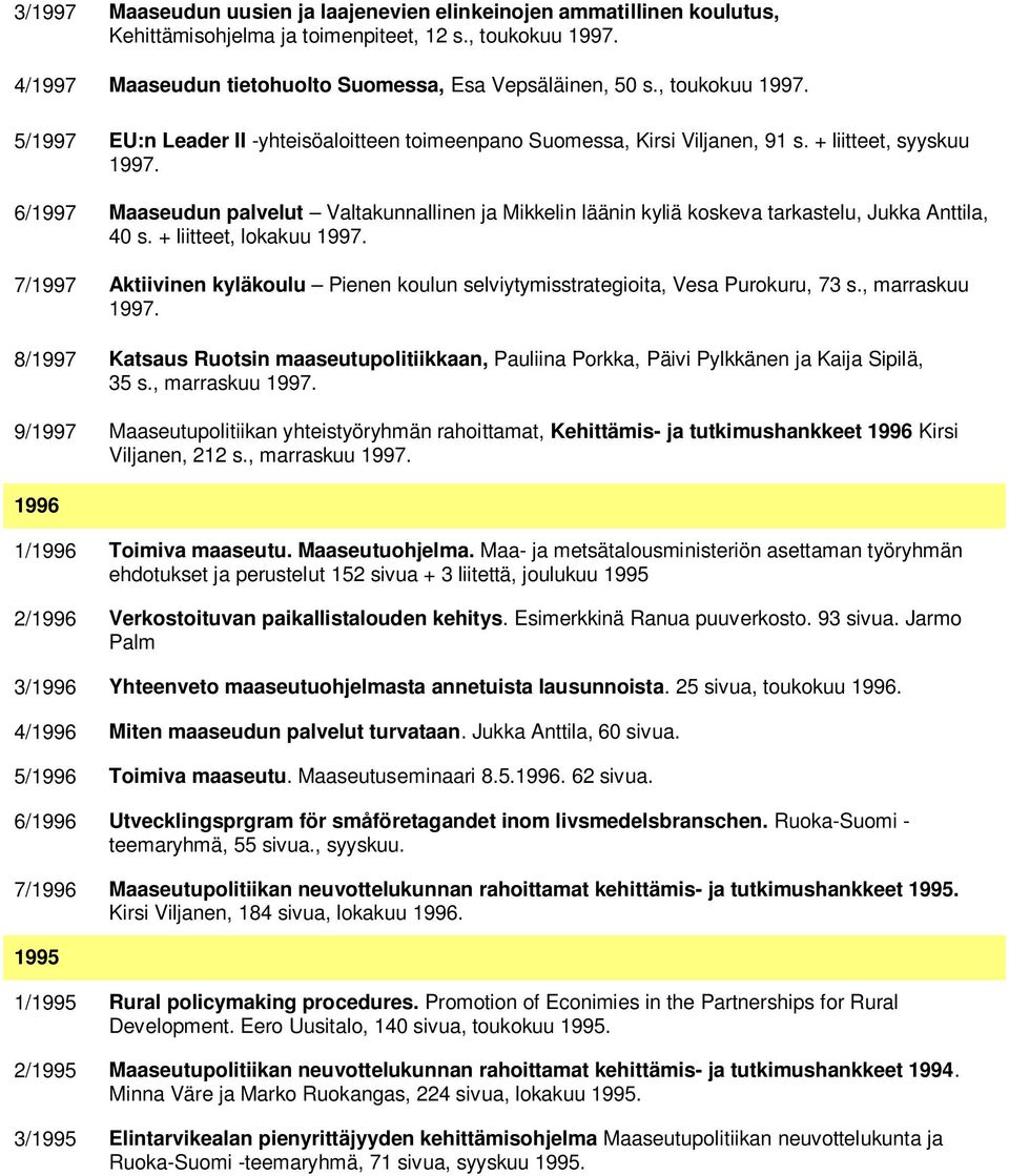 6/1997 Maaseudun palvelut Valtakunnallinen ja Mikkelin läänin kyliä koskeva tarkastelu, Jukka Anttila, 40 s. + liitteet, lokakuu 1997.