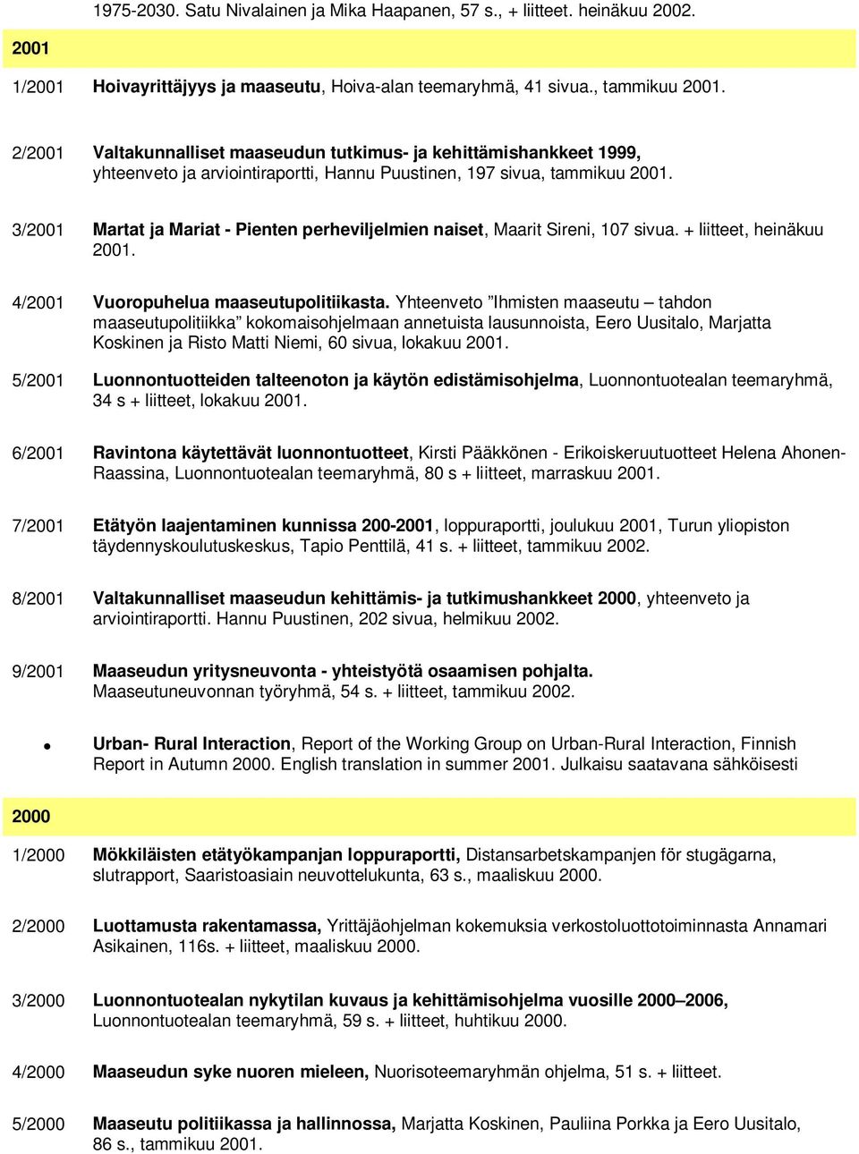 3/2001 Martat ja Mariat - Pienten perheviljelmien naiset, Maarit Sireni, 107 sivua. + liitteet, heinäkuu 2001. 4/2001 Vuoropuhelua maaseutupolitiikasta.