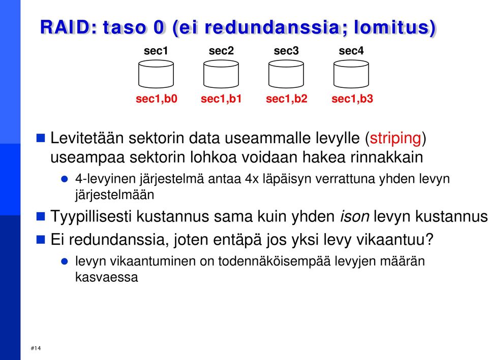 4x läpäisyn verrattuna yhden levyn järjestelmään Tyypillisesti kustannus sama kuin yhden ison levyn kustannus Ei