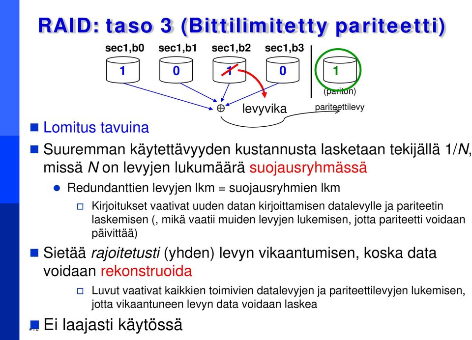 (, mikä vaatii muiden levyjen lukemisen, jotta pariteetti voidaan päivittää) Sietää rajoitetusti (yhden) levyn vikaantumisen, koska data voidaan rekonstruoida Luvut