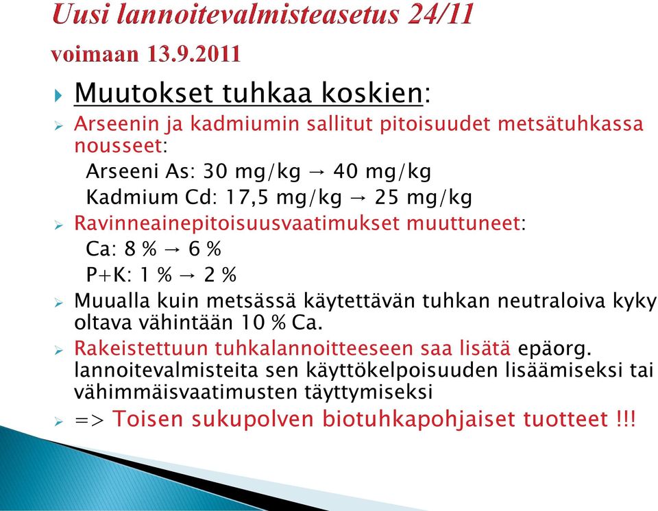 käytettävän tuhkan neutraloiva kyky oltava vähintään 10 % Ca. Rakeistettuun tuhkalannoitteeseen saa lisätä epäorg.