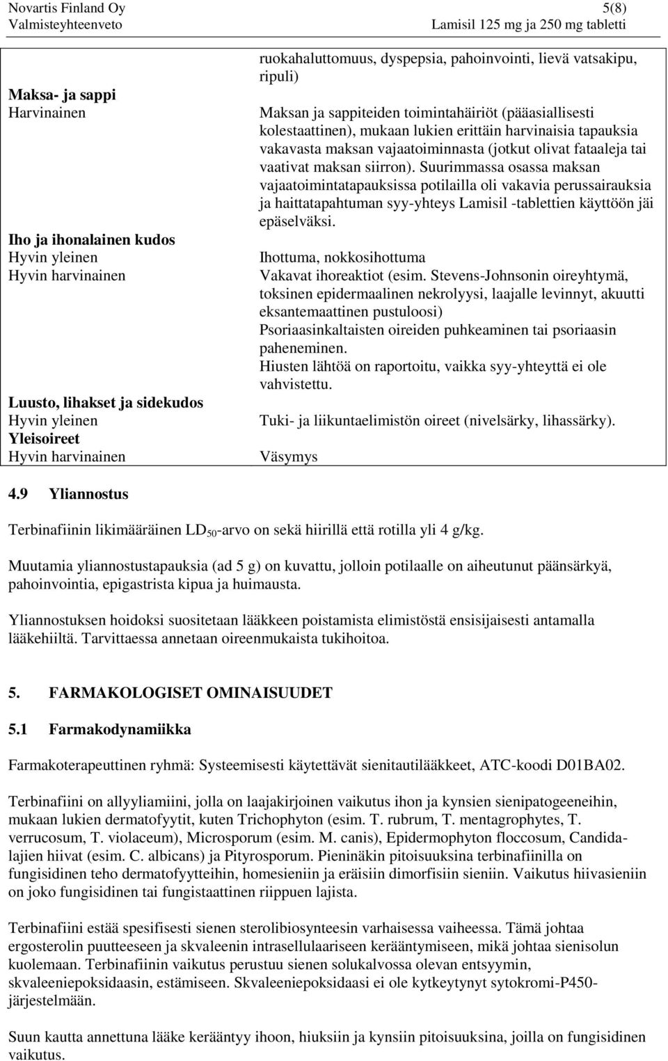 vaativat maksan siirron). Suurimmassa osassa maksan vajaatoimintatapauksissa potilailla oli vakavia perussairauksia ja haittatapahtuman syy-yhteys Lamisil -tablettien käyttöön jäi epäselväksi.