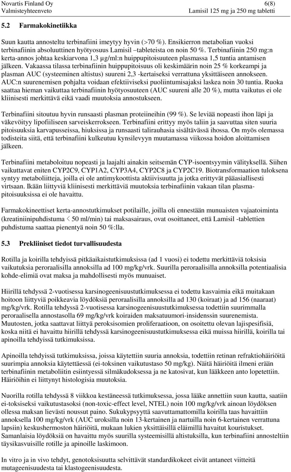 Terbinafiinin 250 mg:n kerta-annos johtaa keskiarvona 1,3 µg/ml:n huippupitoisuuteen plasmassa 1,5 tuntia antamisen jälkeen.