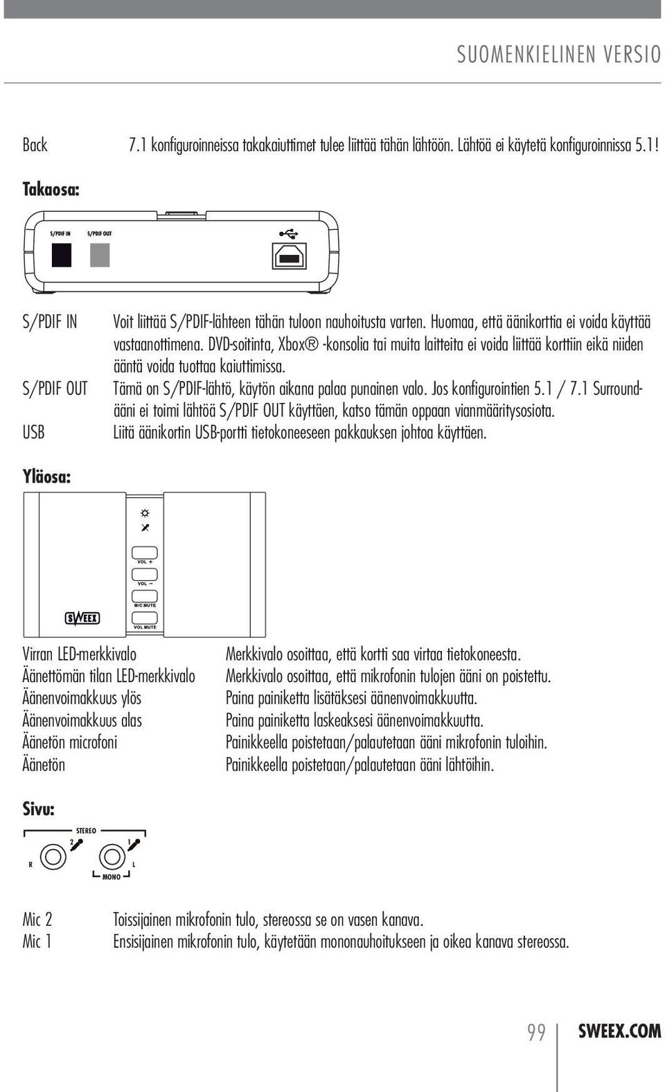 Tämä on S/PDIF-lähtö, käytön aikana palaa punainen valo. Jos konfigurointien 5.1 / 7.1 Surroundääni ei toimi lähtöä S/PDIF OUT käyttäen, katso tämän oppaan vianmääritysosiota.