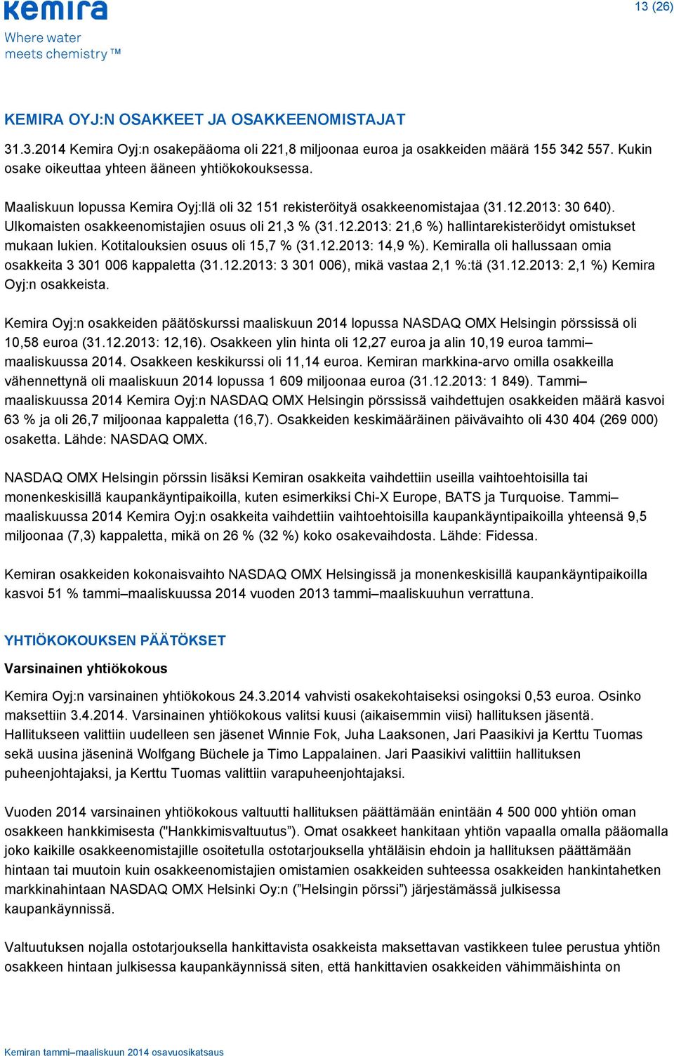 Kotitalouksien osuus oli 15,7 % (31.12.2013: 14,9 %). Kemiralla oli hallussaan omia osakkeita 3 301 006 kappaletta (31.12.2013: 3 301 006), mikä vastaa 2,1 %:tä (31.12.2013: 2,1 %) Kemira Oyj:n osakkeista.