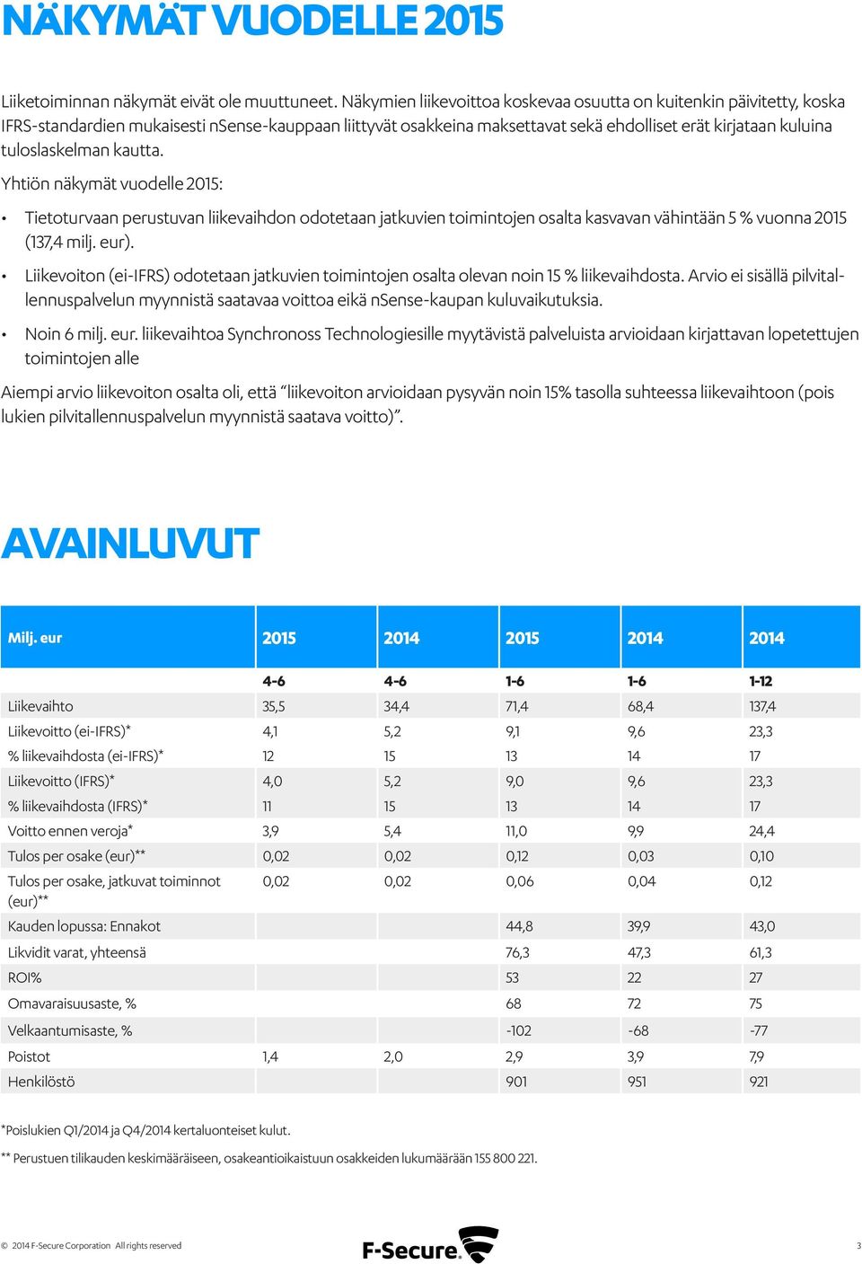 kautta. Yhtiön näkymät vuodelle 2015: Tietoturvaan perustuvan liikevaihdon odotetaan jatkuvien toimintojen osalta kasvavan vähintään 5 % vuonna 2015 (137,4 milj. eur).