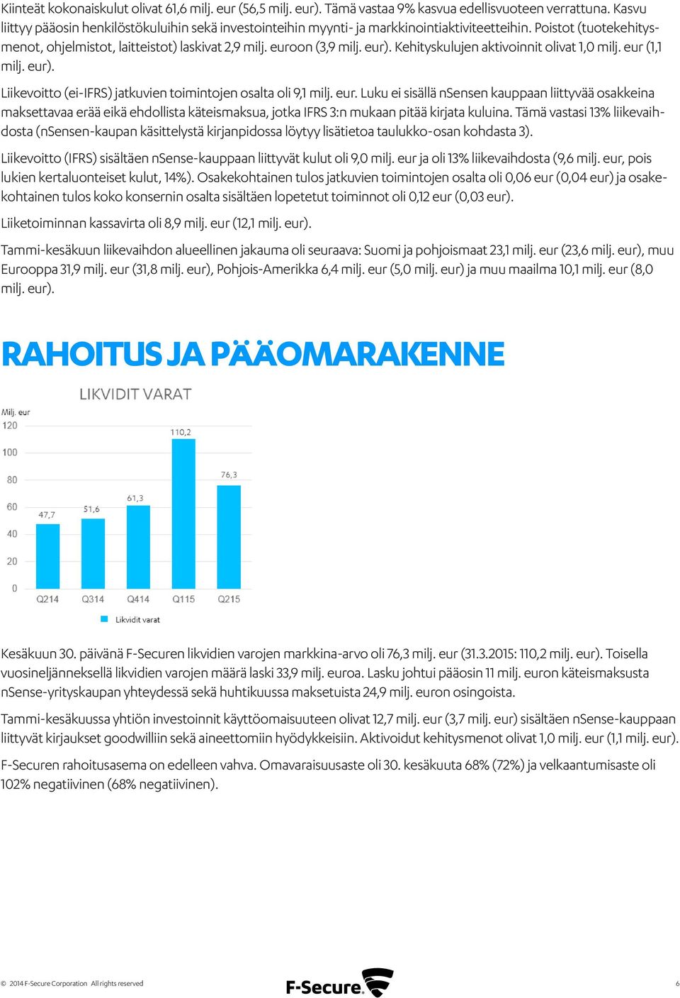 Kehityskulujen aktivoinnit olivat 1,0 milj. eur (1,1 milj. eur). Liikevoitto (ei-ifrs) jatkuvien toimintojen osalta oli 9,1 milj. eur. Luku ei sisällä nsensen kauppaan liittyvää osakkeina maksettavaa erää eikä ehdollista käteismaksua, jotka IFRS 3:n mukaan pitää kirjata kuluina.