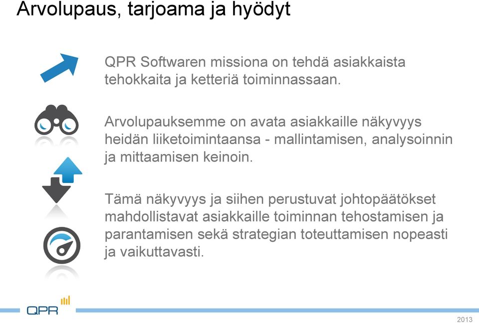 Arvolupauksemme on avata asiakkaille näkyvyys heidän liiketoimintaansa - mallintamisen, analysoinnin