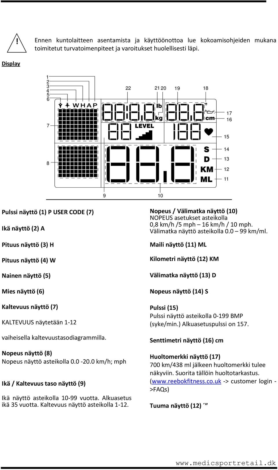 näyttö (7) KALTEVUUS näytetään 1-12 vaiheisella kaltevuustasodiagrammilla. Nopeus näyttö (8) Nopeus näyttö asteikolla 0.0-20.