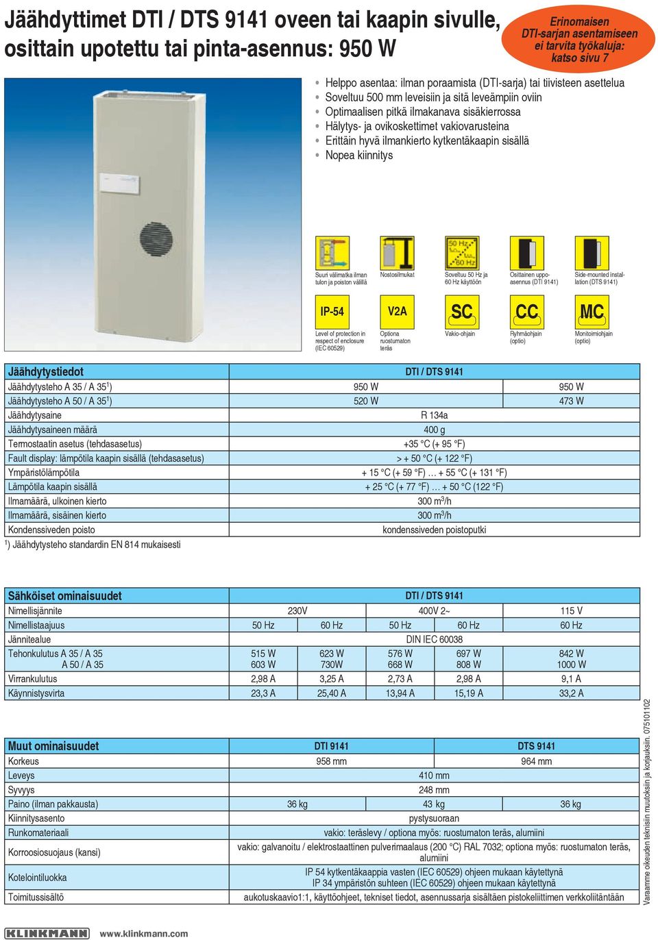 ilmankierto kytkentäkaapin sisällä Nopea kiinnitys Suuri välimatka ilman tulon ja poiston välillä Nostosilmukat Soveltuu 50 Hz ja 60 Hz käyttöön Osittainen uppoasennus (DTI 9141) Side-mounted