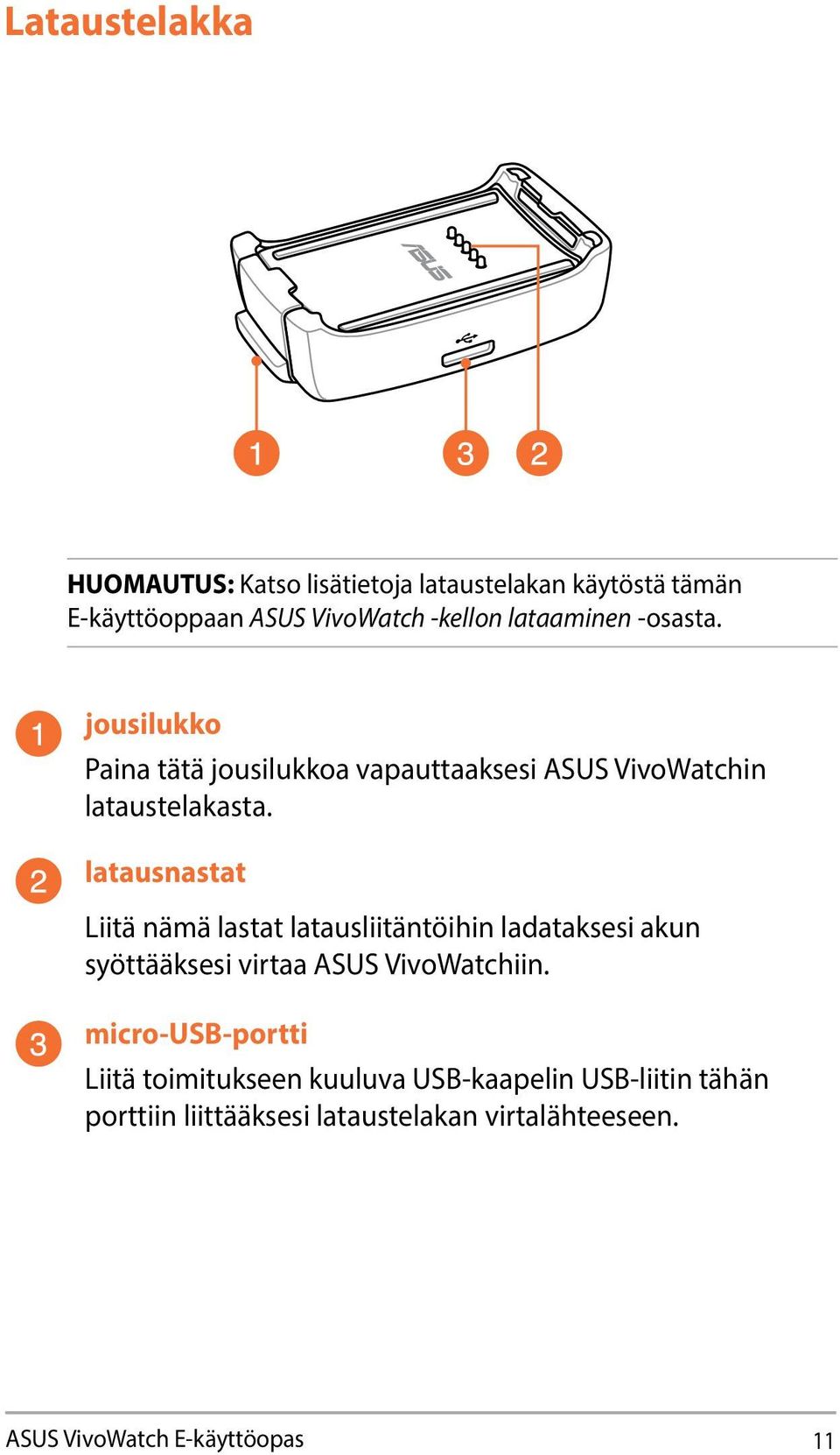 latausnastat Liitä nämä lastat latausliitäntöihin ladataksesi akun syöttääksesi virtaa ASUS VivoWatchiin.