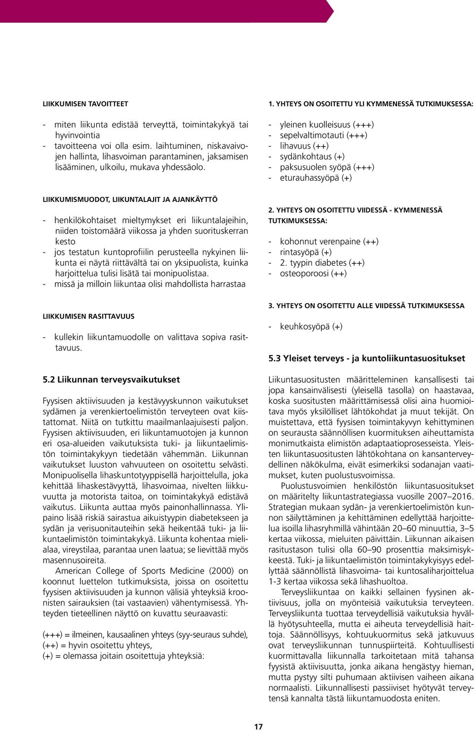 Yhteys on osoitettu yli kymmenessä tutkimuksessa: yleinen kuolleisuus (+++) sepelvaltimotauti (+++) lihavuus (++) sydänkohtaus (+) paksusuolen syöpä (+++) eturauhassyöpä (+) Liikkumismuodot,