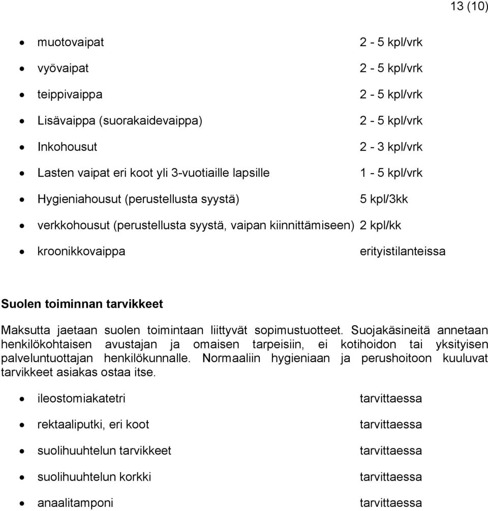 jaetaan suolen toimintaan liittyvät sopimustuotteet. Suojakäsineitä annetaan henkilökohtaisen avustajan ja omaisen tarpeisiin, ei kotihoidon tai yksityisen palveluntuottajan henkilökunnalle.