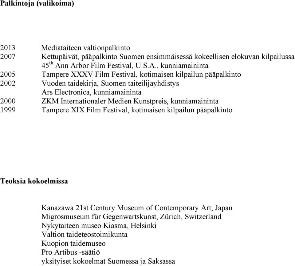 kunniamaininta 2000 ZKM Internationaler Medien Kunstpreis, kunniamaininta 1999 Tampere XIX Film Festival, kotimaisen kilpailun pääpalkinto Teoksia kokoelmissa Kanazawa 21st Century