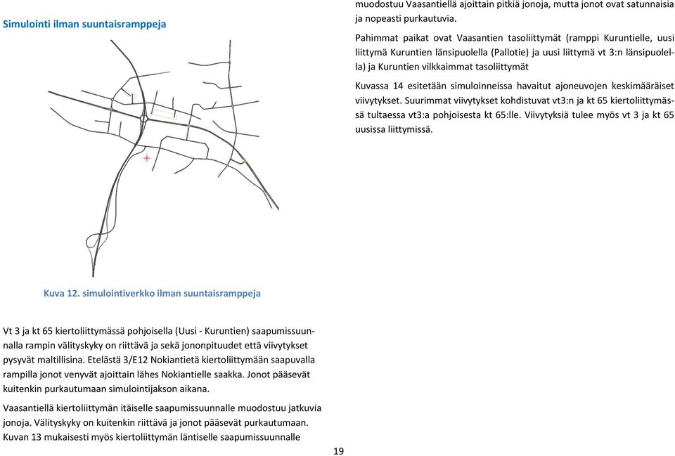 Kuvassa 14 esitetään simuloinneissa havaitut ajoneuvojen keskimääräiset viivytykset. Suurimmat viivytykset kohdistuvat vt3:n ja kt 65 kiertoliittymässä tultaessa vt3:a pohjoisesta kt 65:lle.