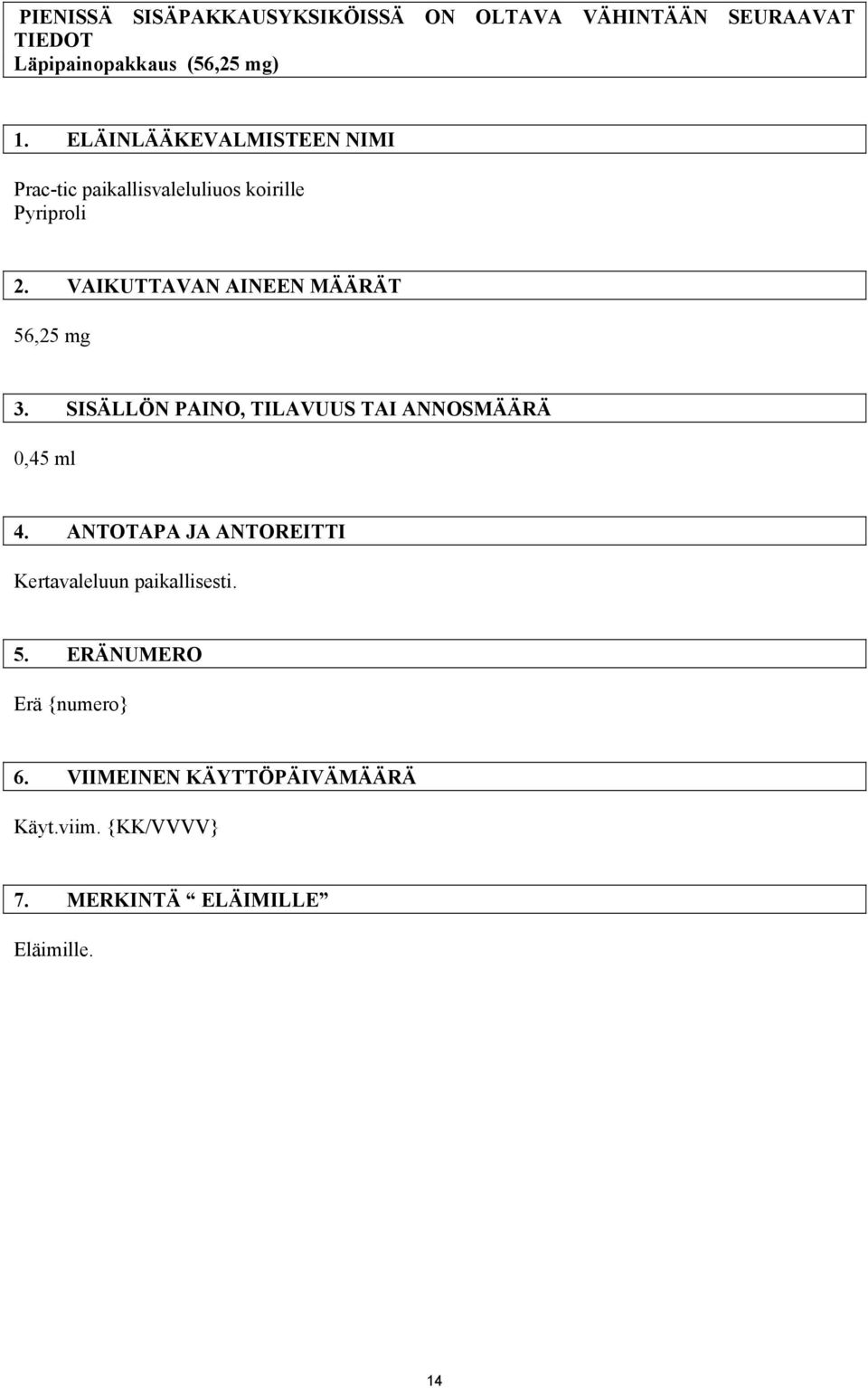 VAIKUTTAVAN AINEEN MÄÄRÄT 56,25 mg 3. SISÄLLÖN PAINO, TILAVUUS TAI ANNOSMÄÄRÄ 0,45 ml 4.