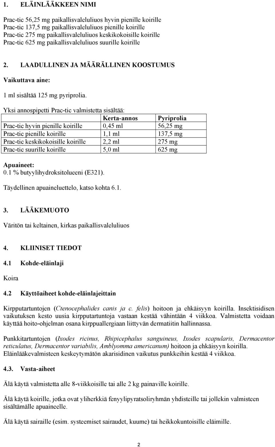 Yksi annospipetti Prac-tic valmistetta sisältää: Kerta-annos Pyriprolia Prac-tic hyvin pienille koirille 0,45 ml 56,25 mg Prac-tic pienille koirille 1,1 ml 137,5 mg Prac-tic keskikokoisille koirille