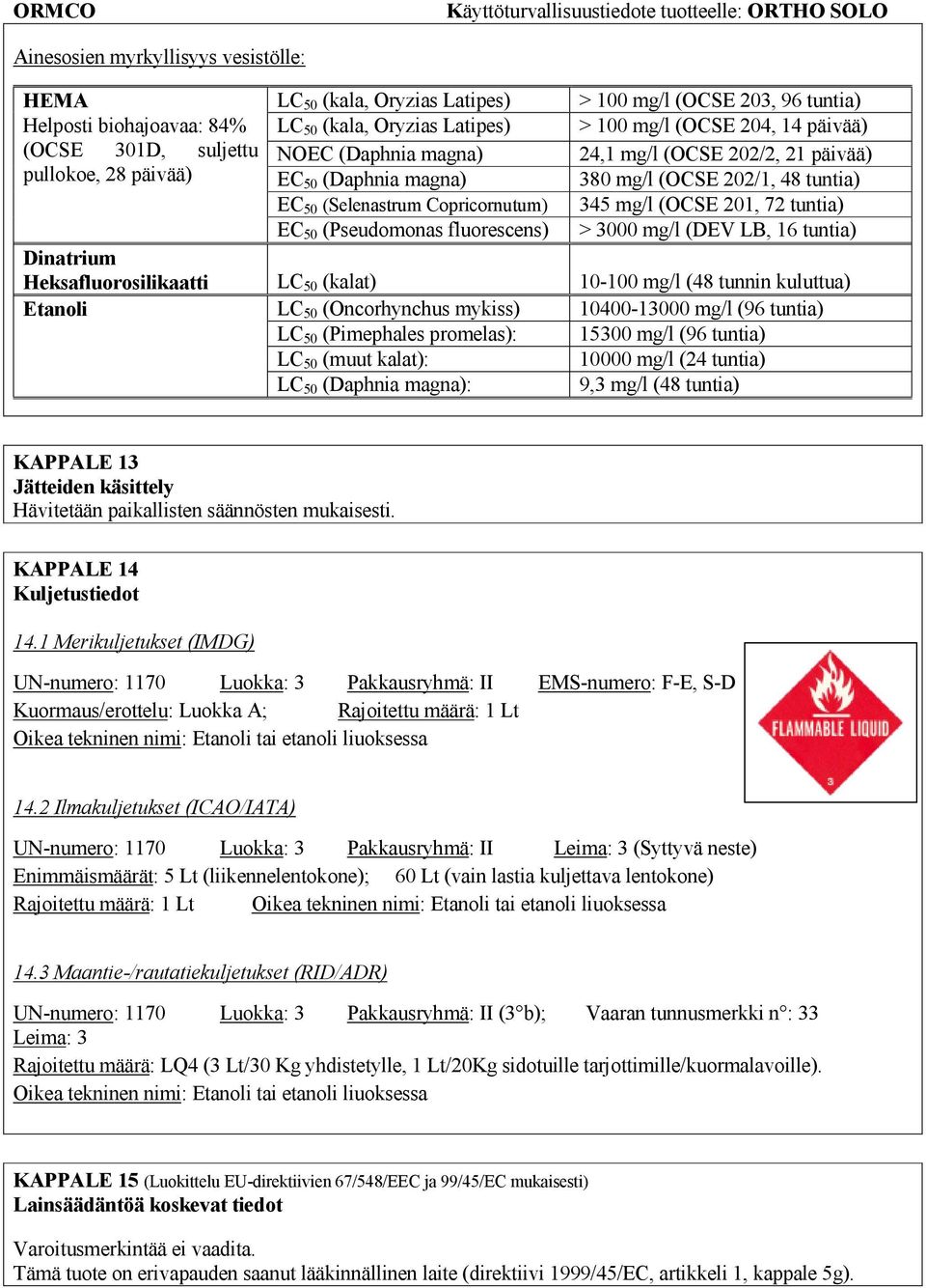 72 tuntia) EC 50 (Pseudomonas fluorescens) > 3000 mg/l (DEV LB, 16 tuntia) Dinatrium Heksafluorosilikaatti LC 50 (kalat) 10-100 mg/l (48 tunnin kuluttua) Etanoli LC 50 (Oncorhynchus mykiss)