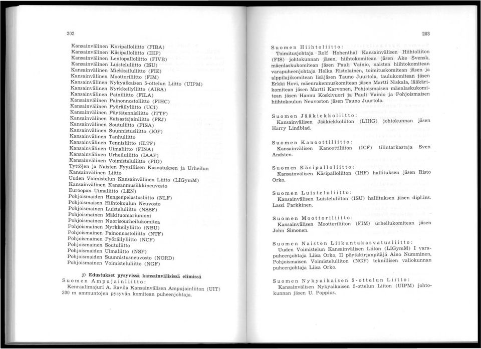 Kansainvälinen Pyöräilyliitto (UCI) Kansainvälinen Pöytätennisliitto (ITTF) Kansainvälinen Ratsastajainliitto (FEJ) Kansainvälinen Soutuliitto (FISA) Kansainvälinen Suunnistusliitto (IOF)