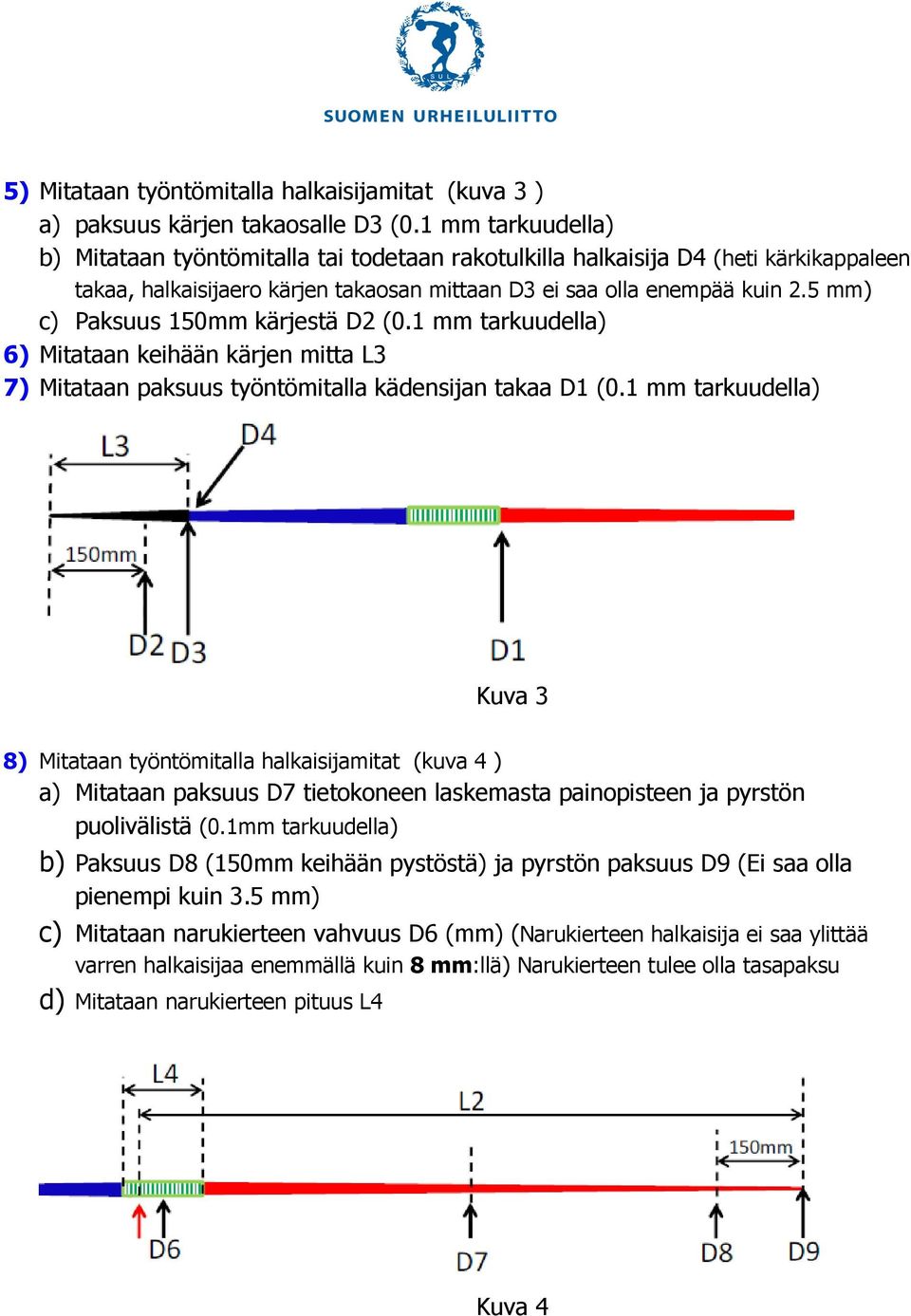 5 mm) c) Paksuus 150mm kärjestä D2 (0.1 mm tarkuudella) 6) Mitataan keihään kärjen mitta L3 7) Mitataan paksuus työntömitalla kädensijan takaa D1 (0.