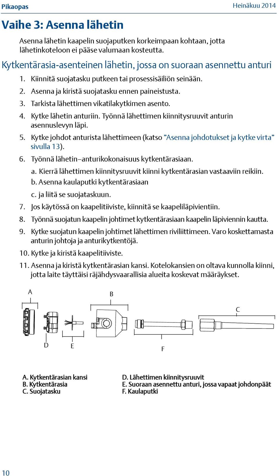 Tarkista lähettimen vikatilakytkimen asento. 4. Kytke lähetin anturiin. Työnnä lähettimen kiinnitysruuvit anturin asennuslevyn läpi. 5.