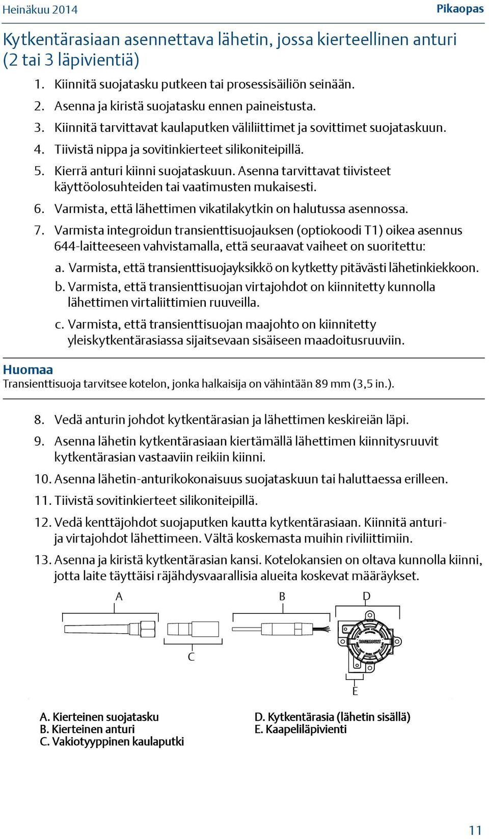 Kierrä anturi kiinni suojataskuun. Asenna tarvittavat tiivisteet käyttöolosuhteiden tai vaatimusten mukaisesti. 6. Varmista, että lähettimen vikatilakytkin on halutussa asennossa. 7.