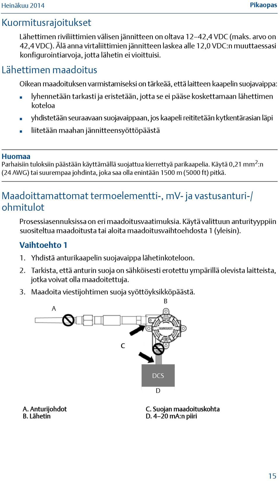 Lähettimen maadoitus Oikean maadoituksen varmistamiseksi on tärkeää, että laitteen kaapelin suojavaippa: lyhennetään tarkasti ja eristetään, jotta se ei pääse koskettamaan lähettimen koteloa