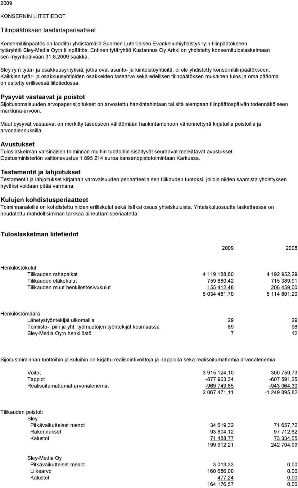 Sley ry:n tytär- ja osakkuusyrityksiä, jotka ovat asunto- ja kiinteistöyhtiöitä, ei ole yhdistetty konsernitilinpäätökseen.