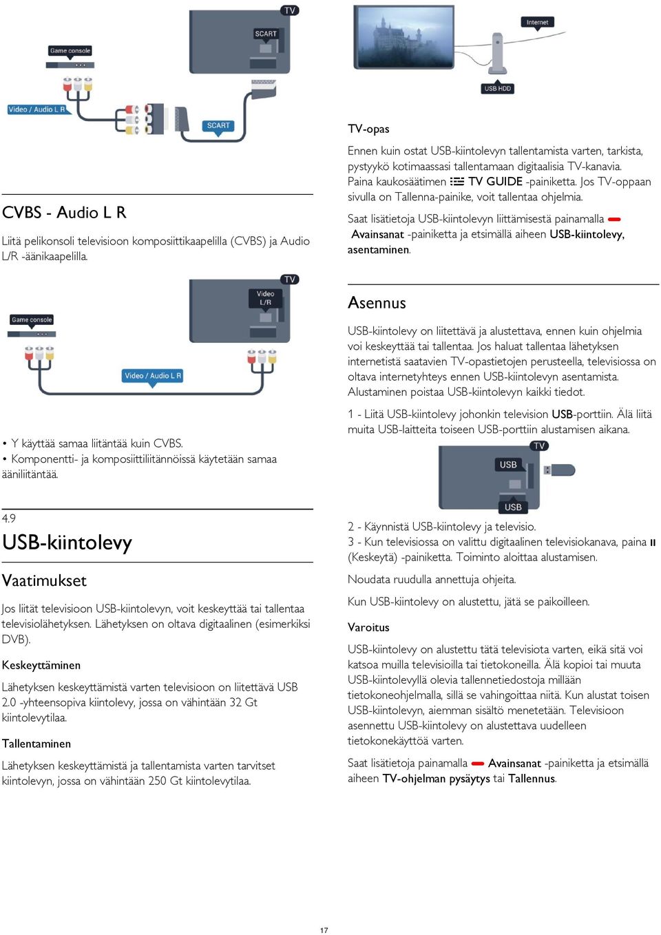 CVBS - Audio L R Saat lisätietoja USB-kiintolevyn liittämisestä painamalla Avainsanat -painiketta ja etsimällä aiheen USB-kiintolevy, asentaminen.