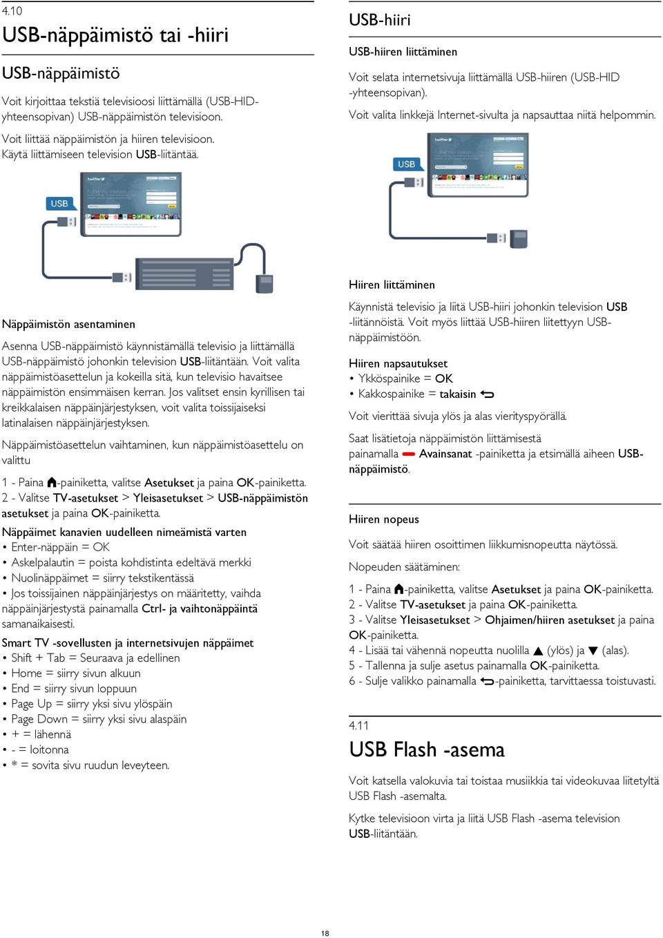 Voit liittää näppäimistön ja hiiren televisioon. Käytä liittämiseen television USB-liitäntää. Hiiren liittäminen Käynnistä televisio ja liitä USB-hiiri johonkin television USB -liitännöistä.