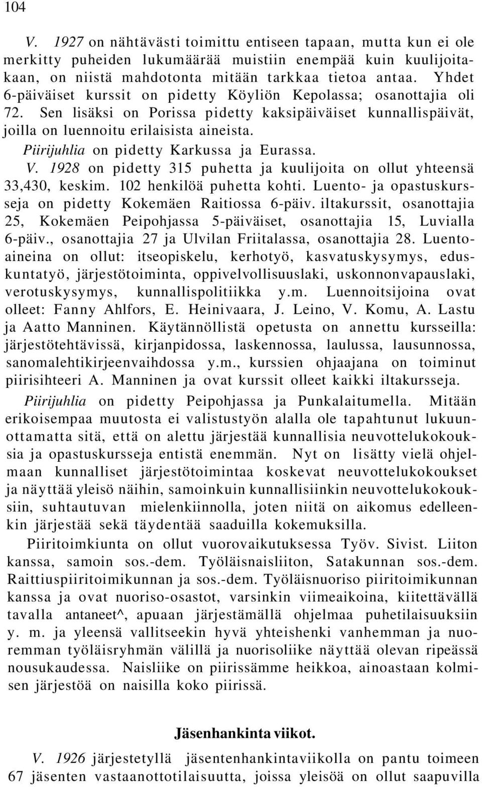 Piirijuhlia on pidetty Karkussa ja Eurassa. V. 1928 on pidetty 315 puhetta ja kuulijoita on ollut yhteensä 33,430, keskim. 102 henkilöä puhetta kohti.