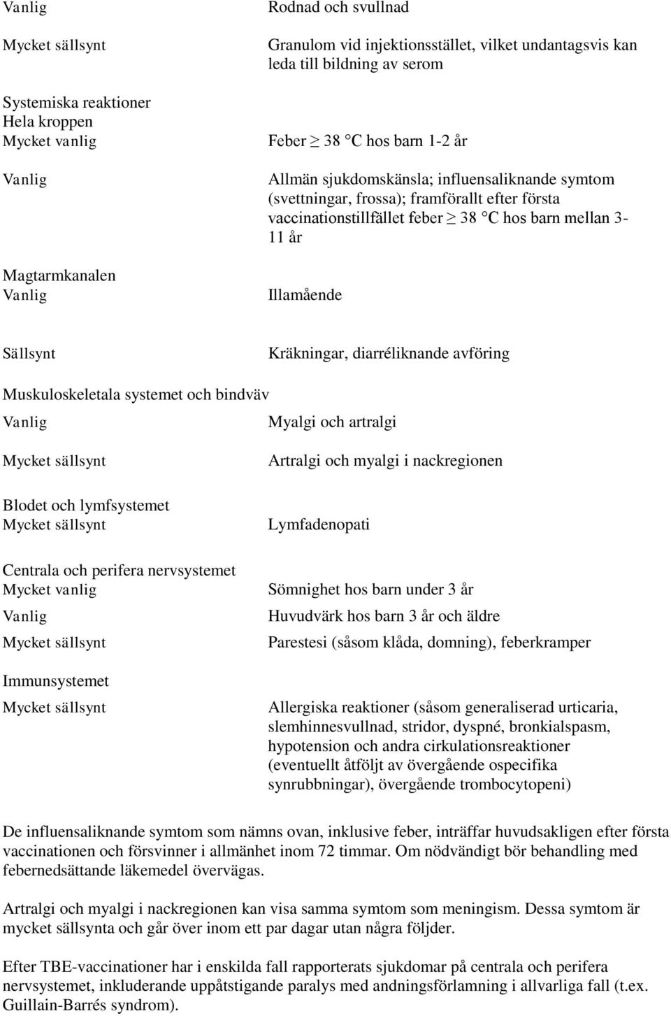 Sällsynt Kräkningar, diarréliknande avföring Muskuloskeletala systemet och bindväv Vanlig Myalgi och artralgi Mycket sällsynt Blodet och lymfsystemet Mycket sällsynt Centrala och perifera