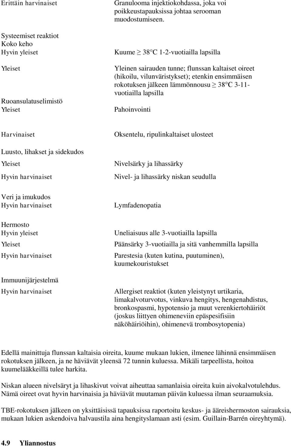 Pahoinvointi Harvinaiset Luusto, lihakset ja sidekudos Yleiset Hyvin harvinaiset Oksentelu, ripulinkaltaiset ulosteet Nivelsärky ja lihassärky Nivel- ja lihassärky niskan seudulla Veri ja imukudos
