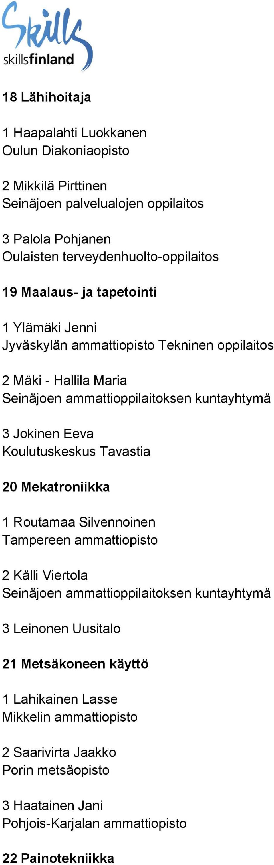 3 Jokinen Eeva Koulutuskeskus Tavastia 20 Mekatroniikka 1 Routamaa Silvennoinen 2 Källi Viertola Seinäjoen ammattioppilaitoksen kuntayhtymä 3 Leinonen