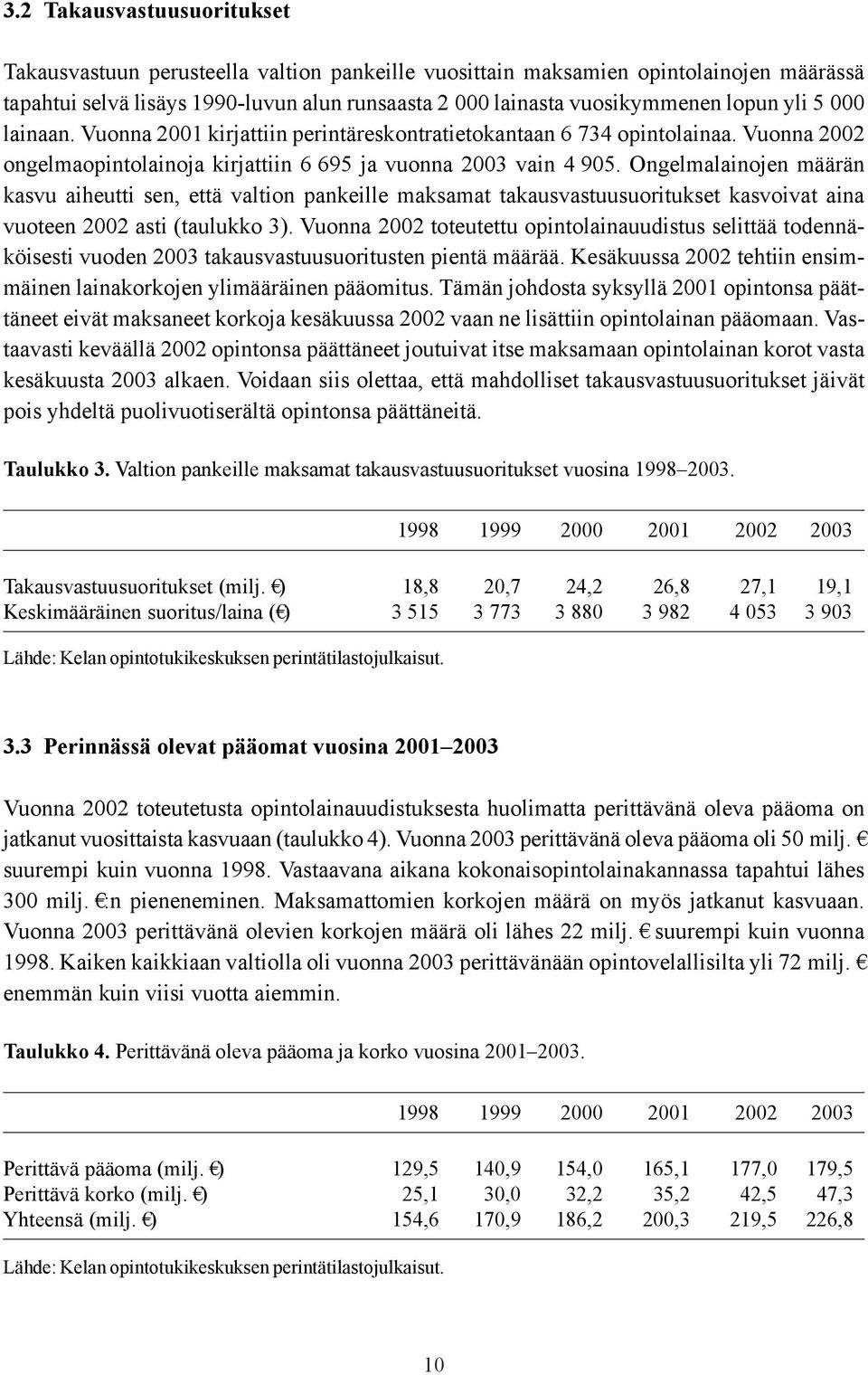 Ongelmalainojen määrän kasvu aiheutti sen, että valtion pankeille maksamat takausvastuusuoritukset kasvoivat aina vuoteen 2002 asti (taulukko 3).