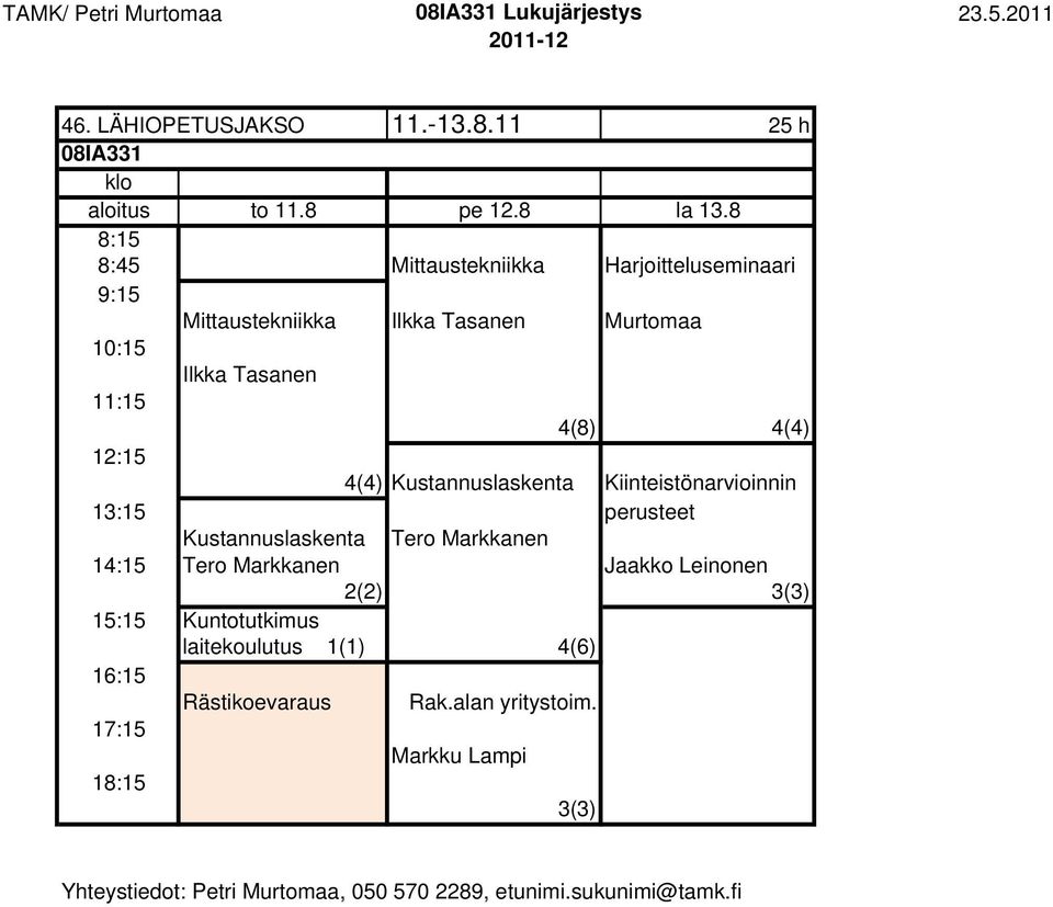 Tasanen 11:15 4(8) 4(4) 12:15 4(4) Kustannuslaskenta Kiinteistönarvioinnin 13:15 perusteet Kustannuslaskenta