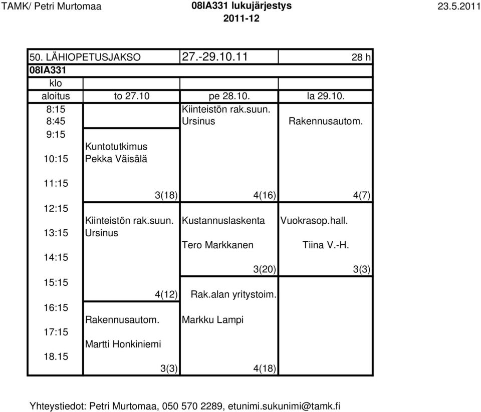 9:15 Kuntotutkimus 10:15 Pekka Väisälä 11:15 3(18) 4(16) 4(7) 12:15 Kiinteistön rak.suun.