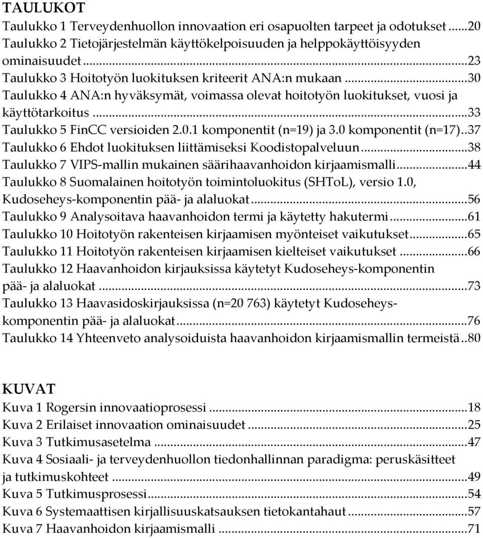 0 komponentit (n=17).. 37 Taulukko 6 Ehdot luokituksen liittämiseksi Koodistopalveluun... 38 Taulukko 7 VIPS-mallin mukainen säärihaavanhoidon kirjaamismalli.