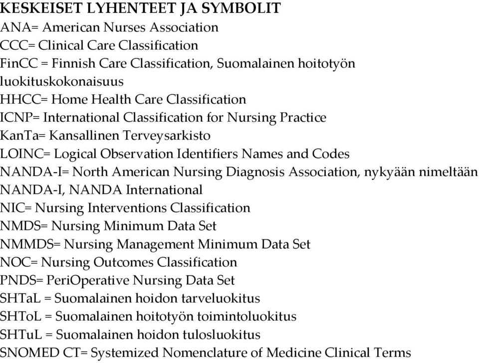 Diagnosis Association, nykyään nimeltään NANDA-I, NANDA International NIC= Nursing Interventions Classification NMDS= Nursing Minimum Data Set NMMDS= Nursing Management Minimum Data Set NOC= Nursing