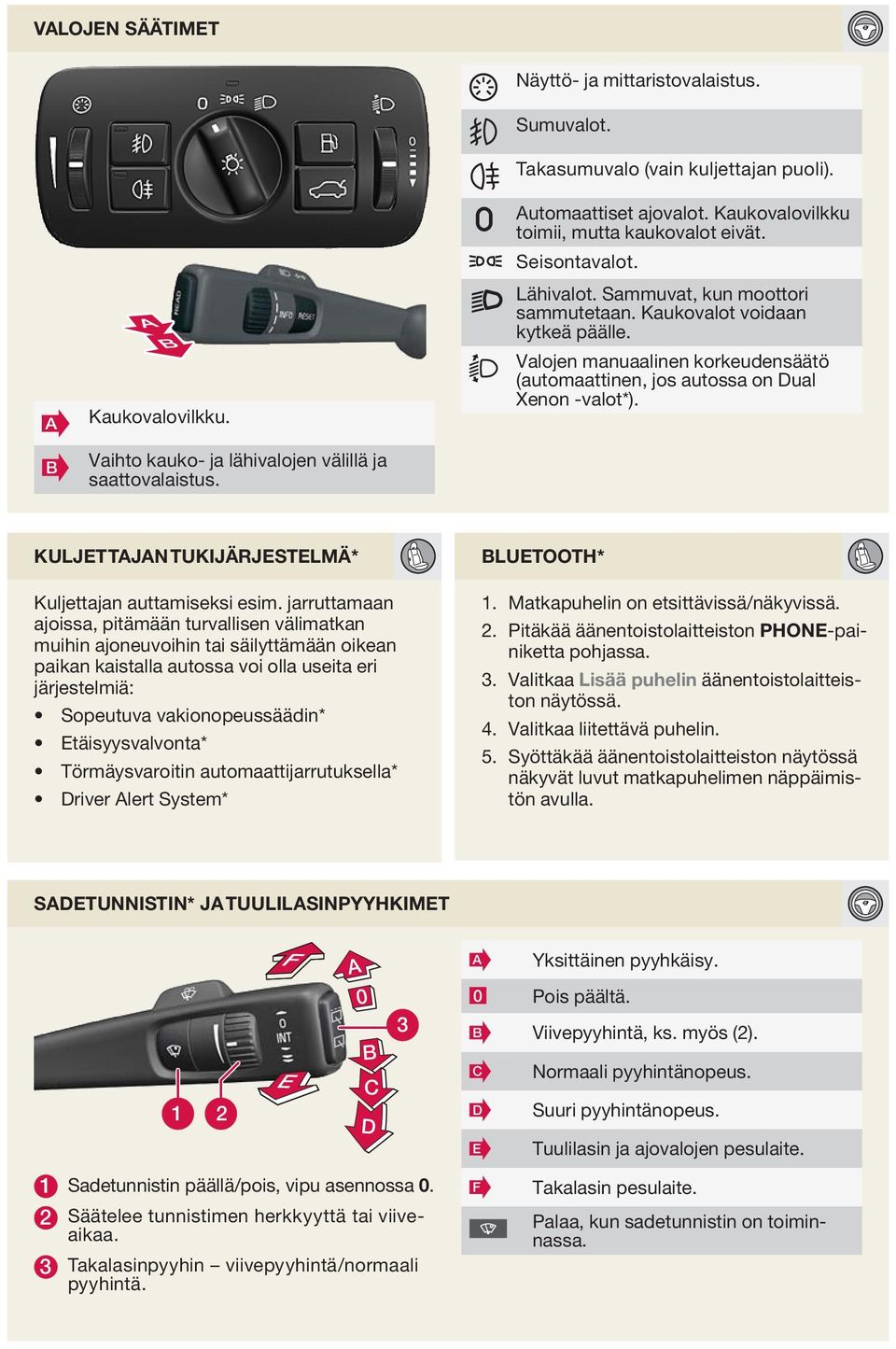 Valojen manuaalinen korkeudensäätö (automaattinen, jos autossa on Dual Xenon -valot*). KULJETTJN TUKIJÄRJESTELMÄ* Kuljettajan auttamiseksi esim.