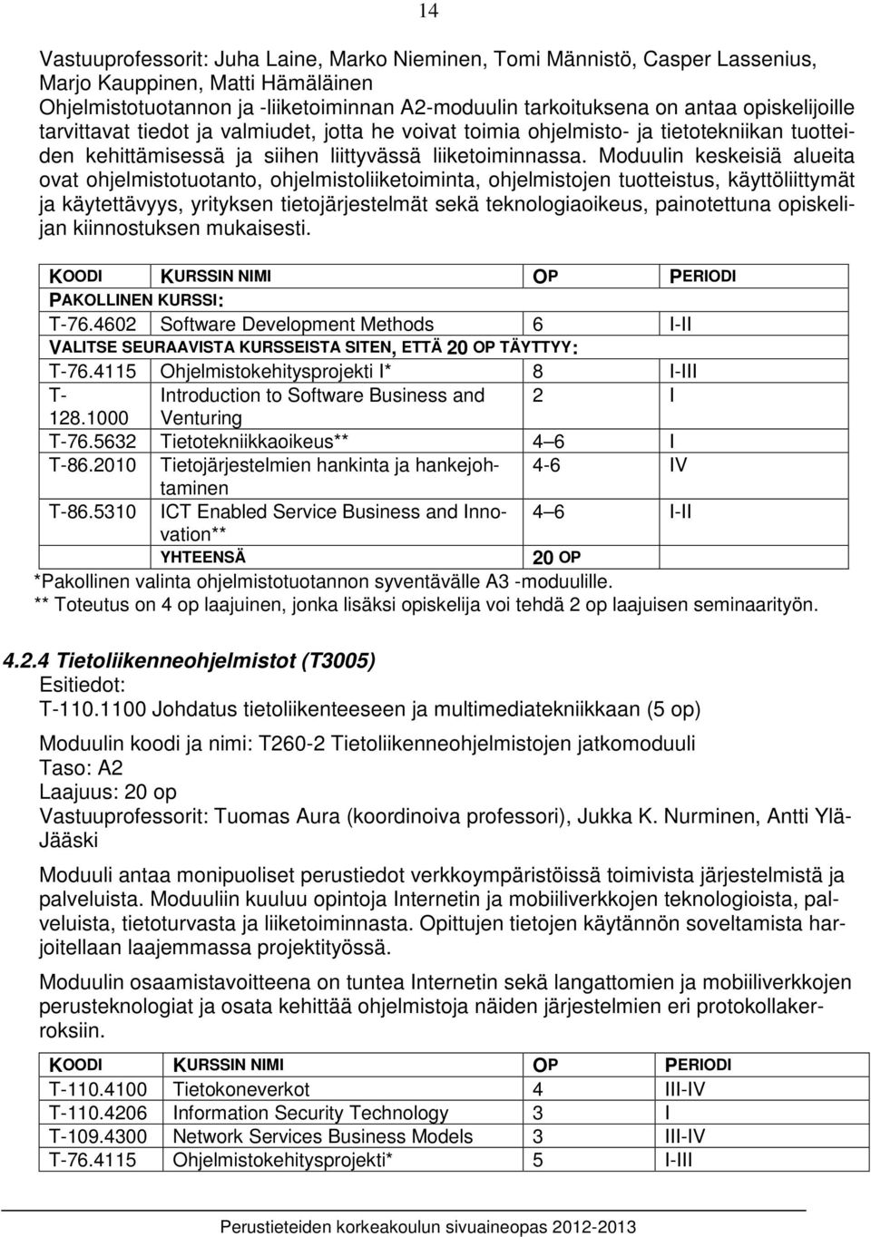 Moduulin keskeisiä alueita ovat ohjelmistotuotanto, ohjelmistoliiketoiminta, ohjelmistojen tuotteistus, käyttöliittymät ja käytettävyys, yrityksen tietojärjestelmät sekä teknologiaoikeus,