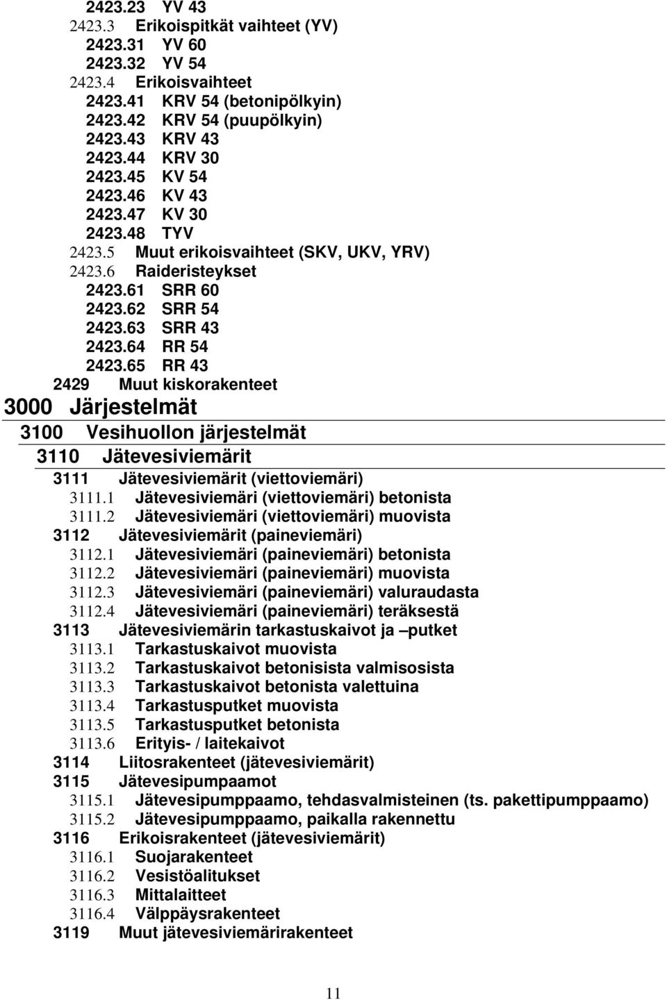 65 RR 43 2429 Muut kiskorakenteet 3000 Järjestelmät 3100 Vesihuollon järjestelmät 3110 Jätevesiviemärit 3111 Jätevesiviemärit (viettoviemäri) 3111.1 Jätevesiviemäri (viettoviemäri) betonista 3111.